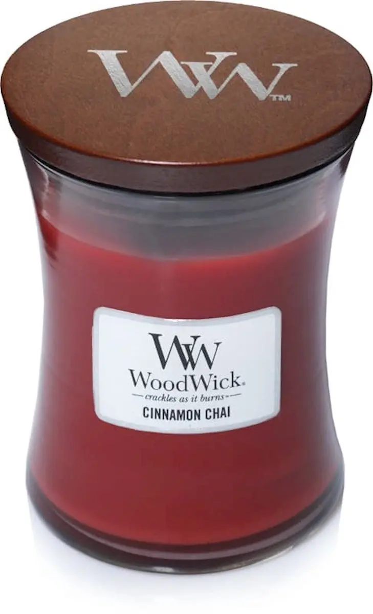 Woodwick Hourglass Geurkaars - Cinnamon Chai 60u - Rood - afbeelding 6 van 6