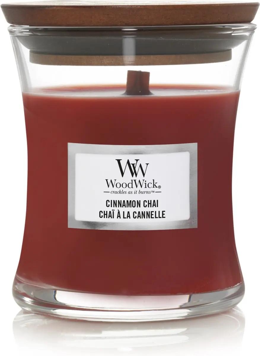 Woodwick Mini Geurkaars Cinnamon Chai - 20 Branduren - 85g - Rood - afbeelding 3 van 3