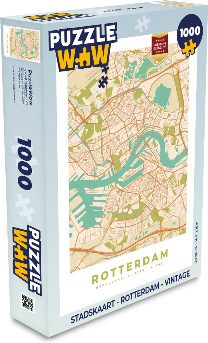 PuzzleWow Stadskaart Rotterdam Vintage Legpuzzel 1000 Stuks - Multicolor