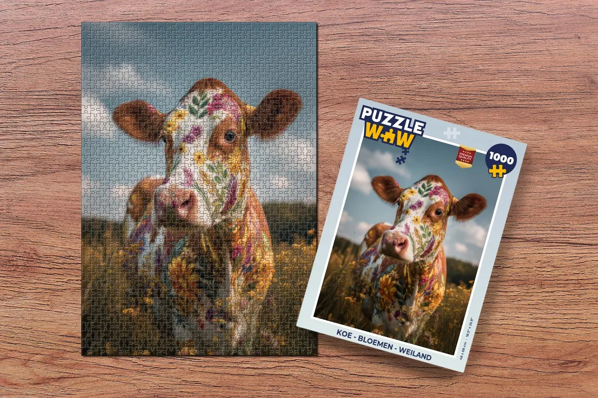 PuzzleWow Koe - Bloemen - Weiland Legpuzzel 1000 Stuks