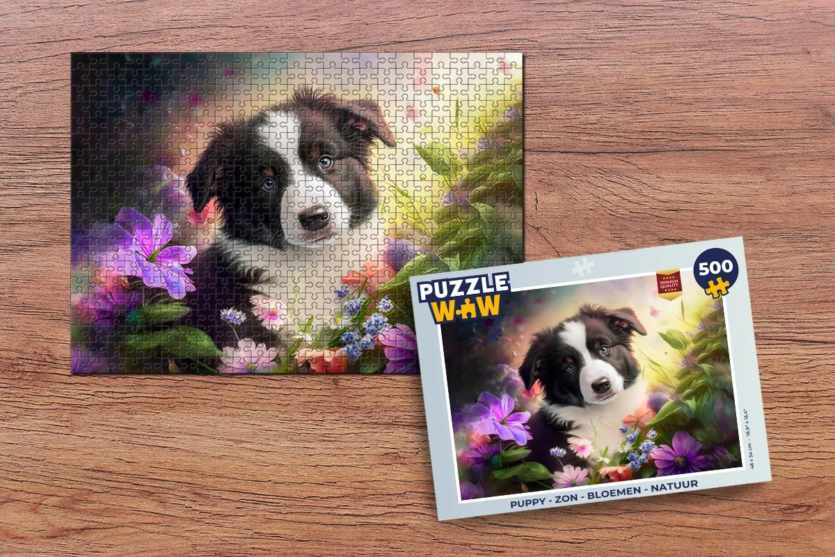 PuzzleWow Puppy Zon Bloemen Natuur Bordercollie Legpuzzel 500 Stuks - Multicolor
