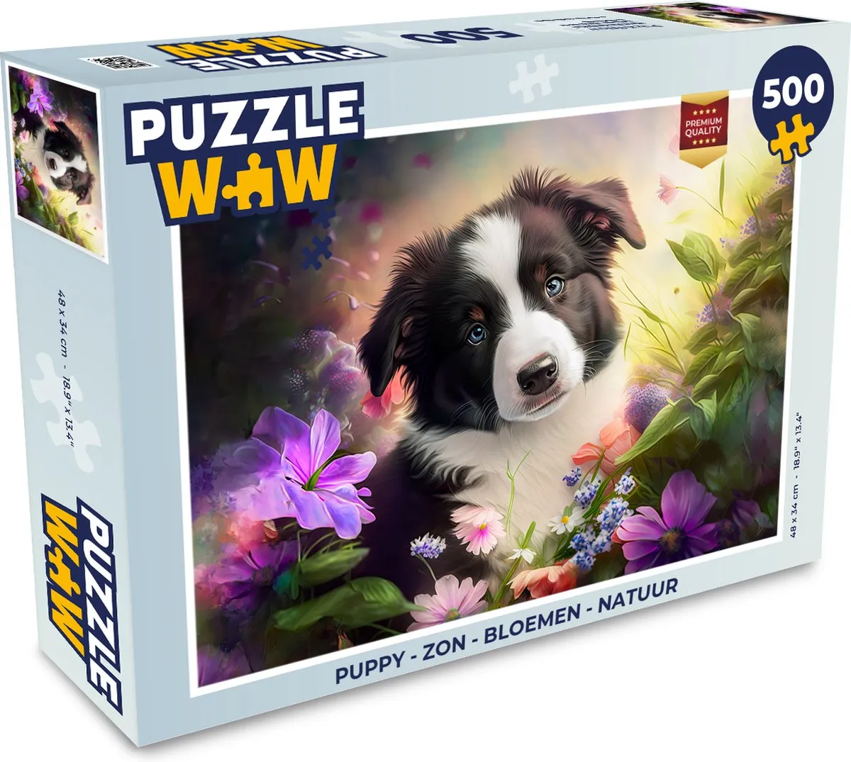 PuzzleWow Puppy Zon Bloemen Natuur Bordercollie Legpuzzel 500 Stuks - Multicolor
