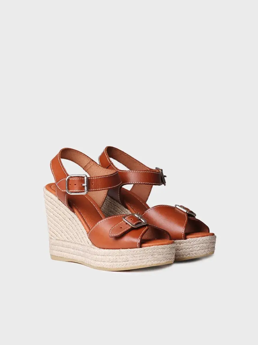 Dames leren espadrille met hoge sleehak