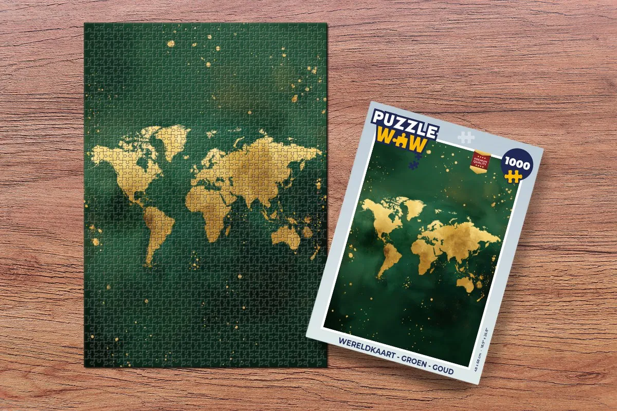 PuzzleWow Wereldkaart Legpuzzel 1000 Stuks - Groen/Goud