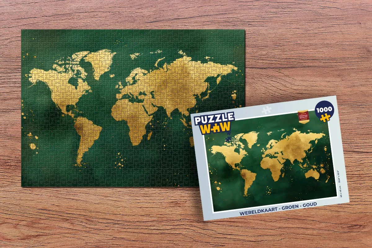 PuzzleWow Wereldkaart Legpuzzel 1000 Stuks - Groen/Goud