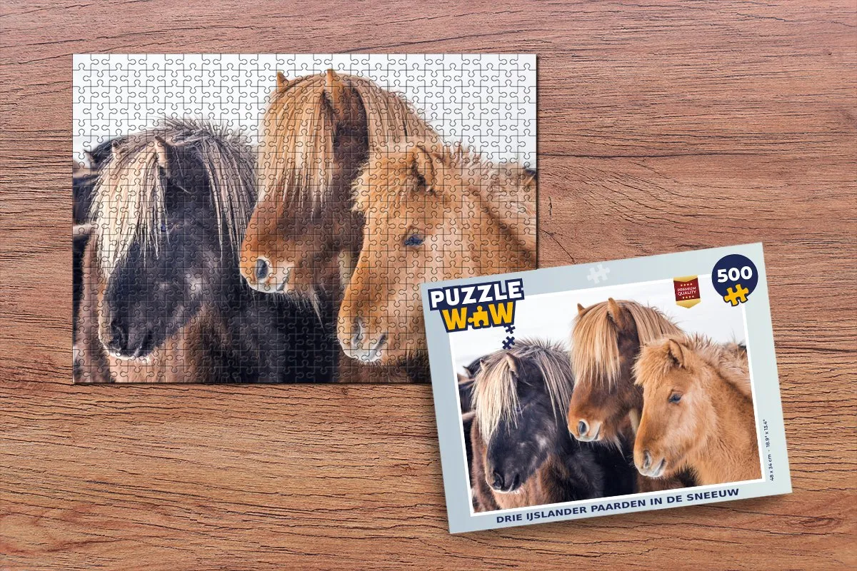 PuzzleWow Legpuzzel Drie IJslander paarden in de sneeuw 500 Stuks - Multicolor