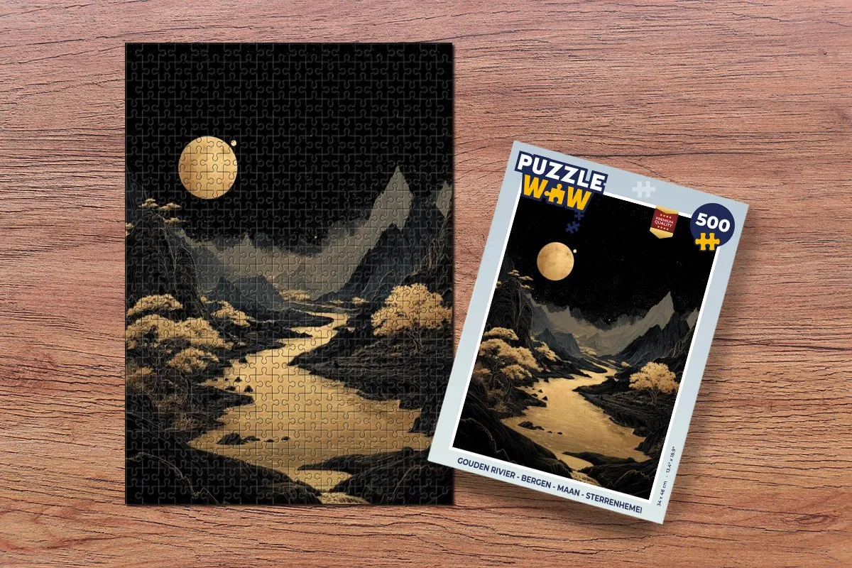 PuzzleWow Gouden Rivier Bergen Maan Sterrenhemel Legpuzzel 500 Stuks