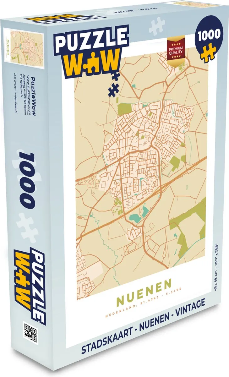 PuzzleWow Stadskaart Nuenen Vintage Legpuzzel 1000 Stuks - Multicolor