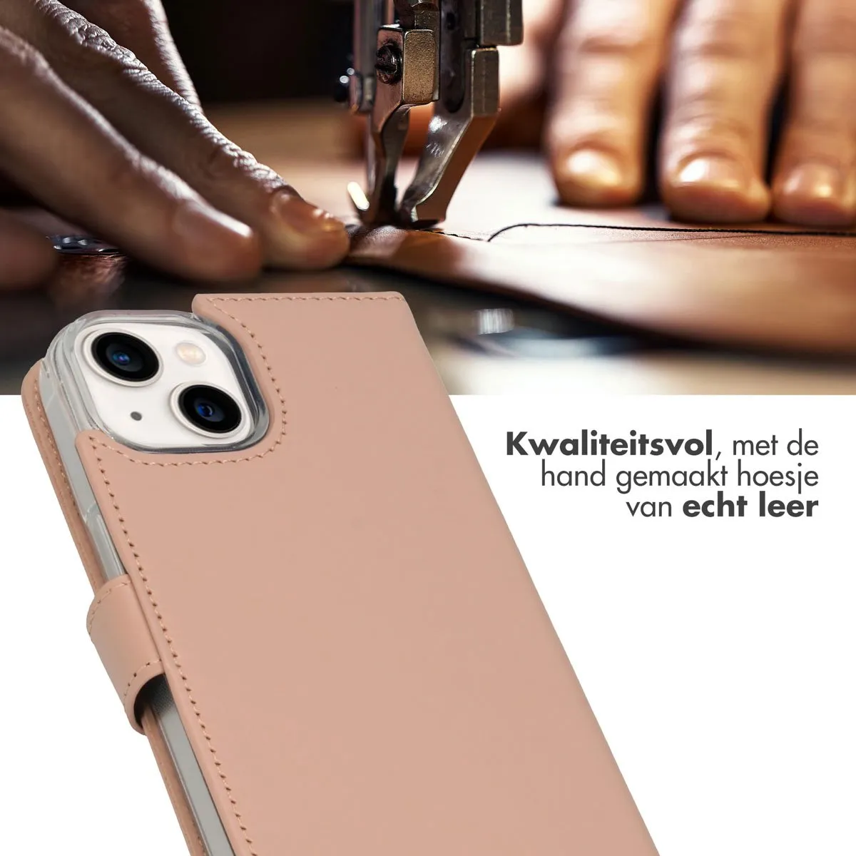 Selencia Hoesje iPhone 14 Echt Lederen Bookcase - Lichtroze