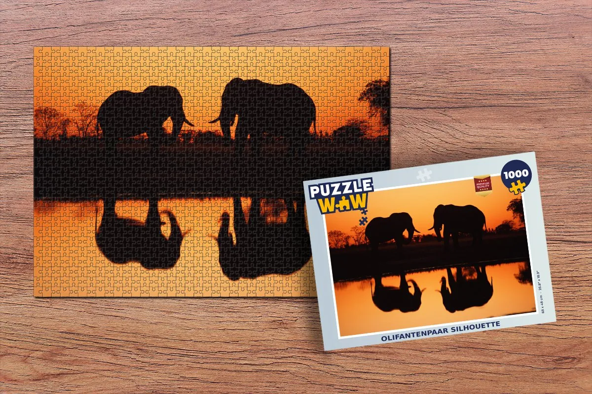 PuzzleWow Legpuzzel Olifantenpaar Silhouette 1000 Stuks - Multicolor