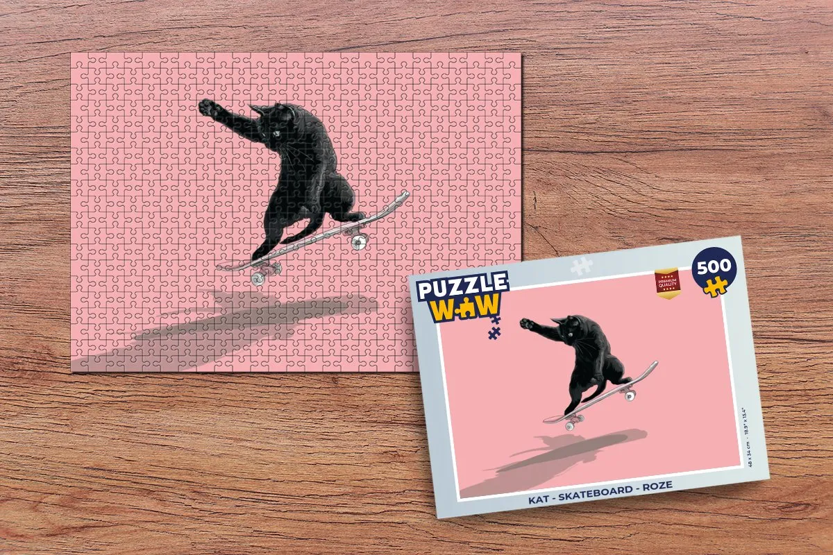 PuzzleWow Kat Skateboard Legpuzzel 500 Stuks - Roze