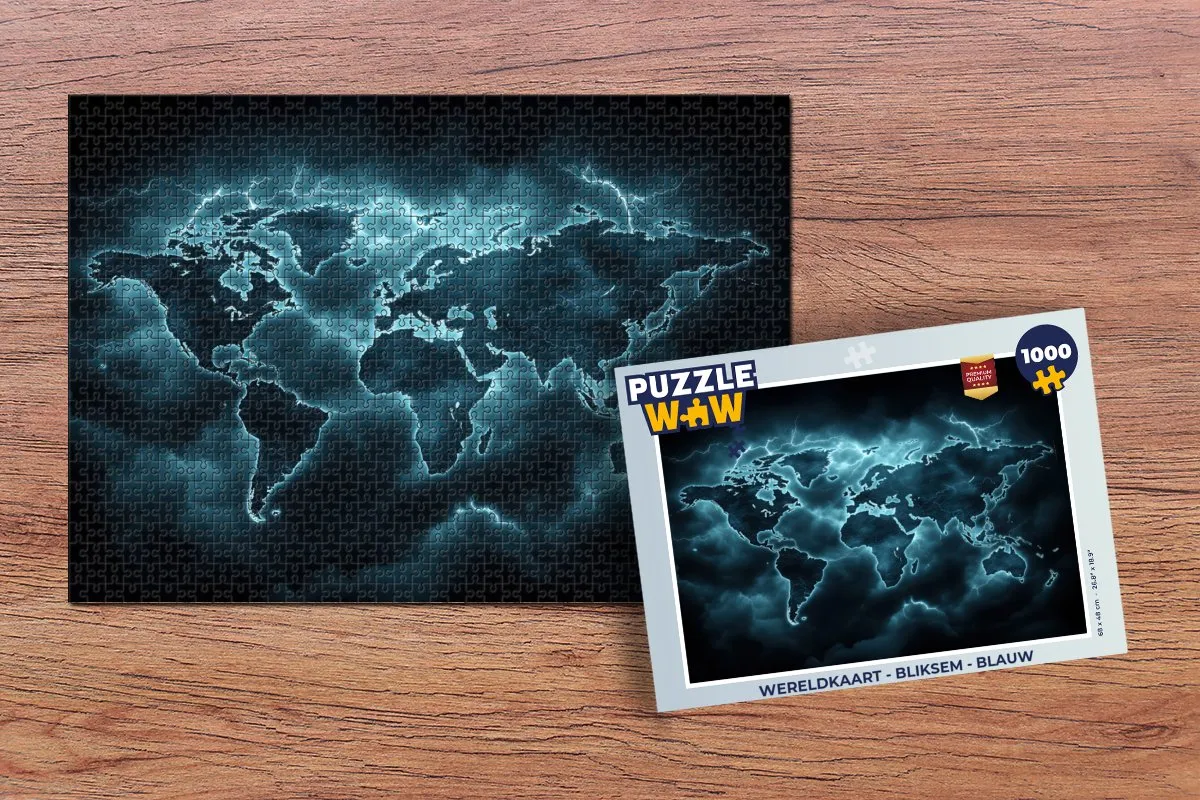 PuzzleWow Wereldkaart Bliksem Puzzel 1000 Stuks - Blauw