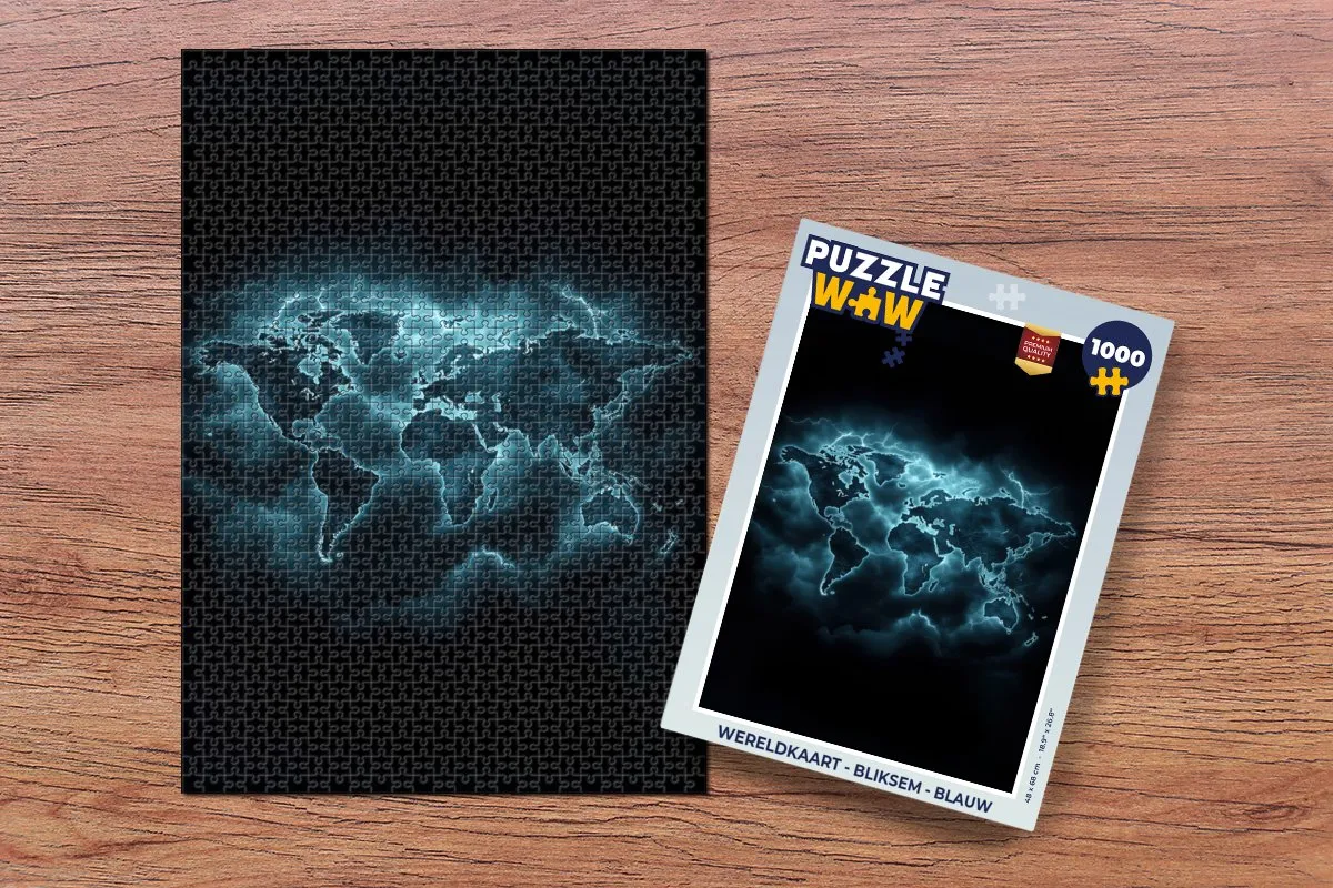 PuzzleWow Wereldkaart Bliksem Puzzel 1000 Stuks - Blauw