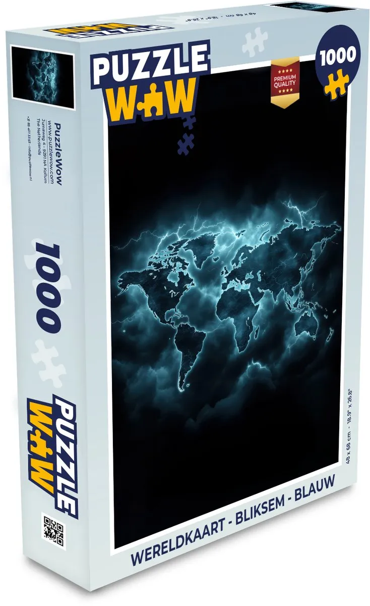 PuzzleWow Wereldkaart Bliksem Puzzel 1000 Stuks - Blauw