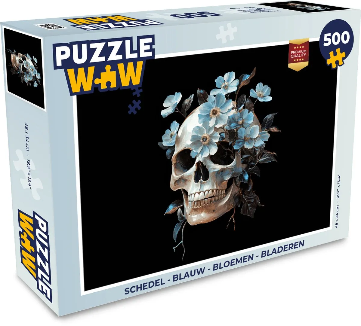 PuzzleWow Schedel Puzzel 500 Stuks - Bloemen/Bladeren - Blauw