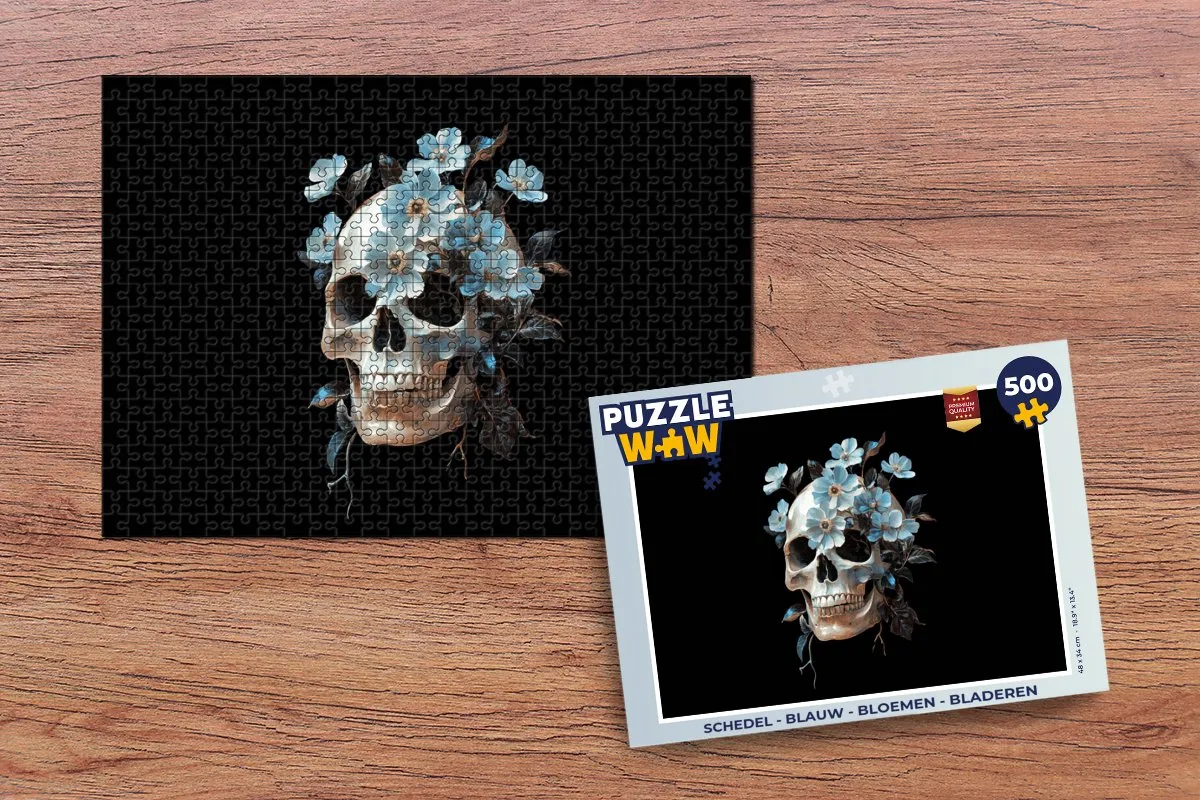 PuzzleWow Schedel Puzzel 500 Stuks - Bloemen/Bladeren - Blauw