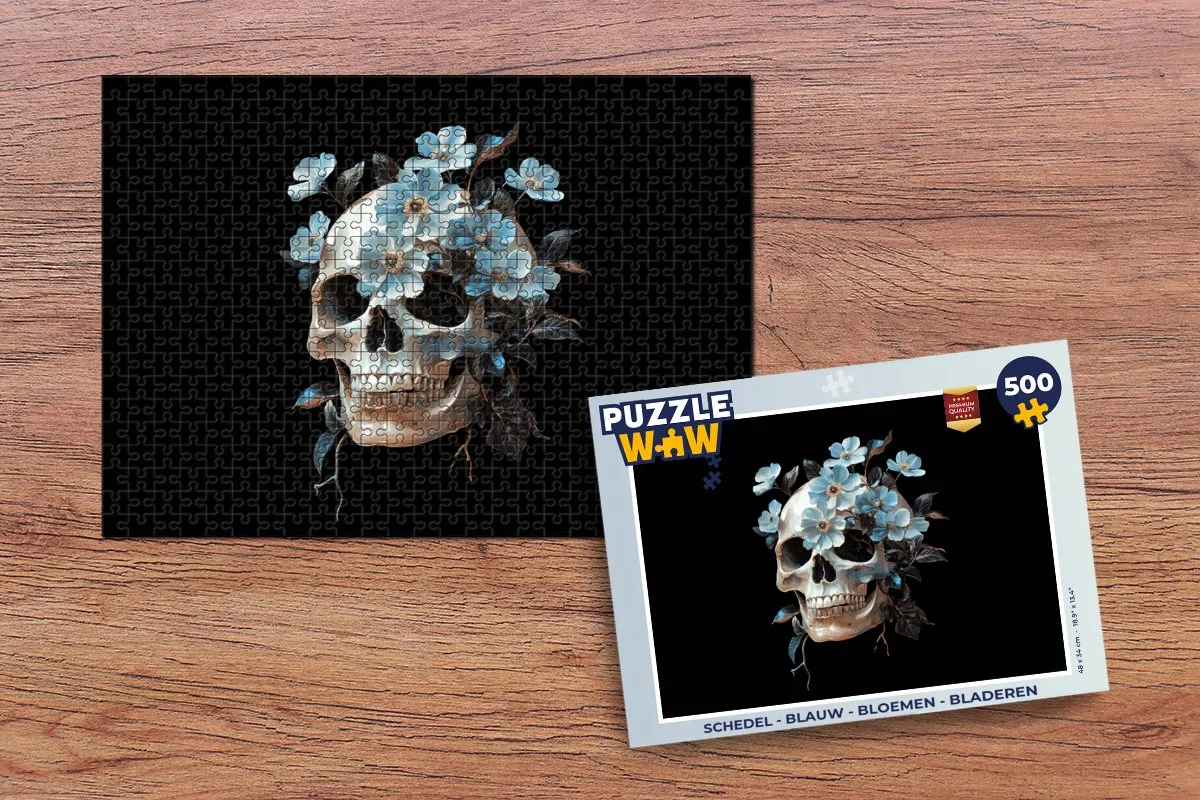 PuzzleWow Schedel Puzzel 500 Stuks - Bloemen/Bladeren - Blauw