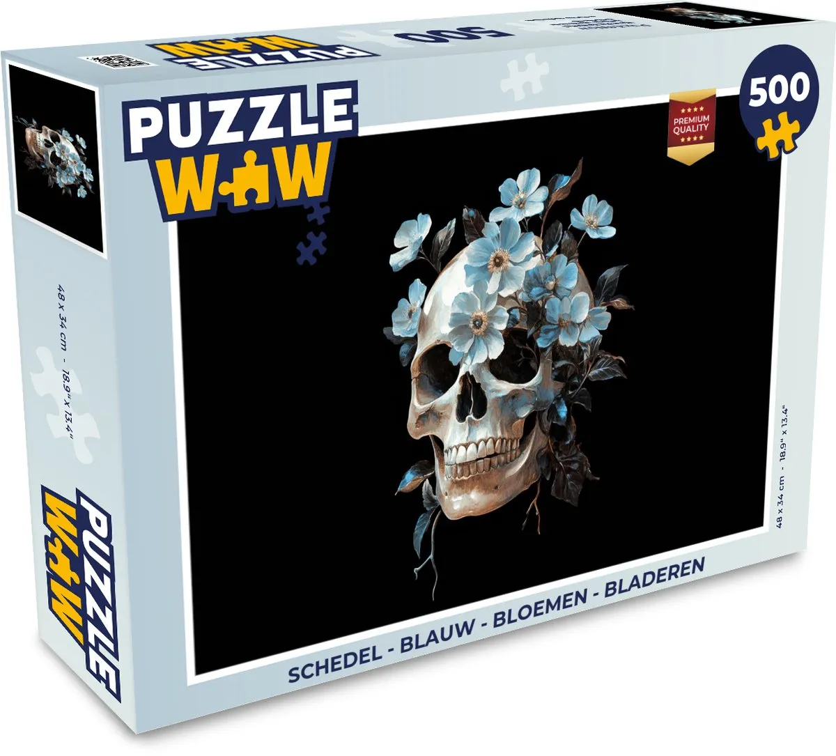 PuzzleWow Schedel Puzzel 500 Stuks - Bloemen/Bladeren - Blauw