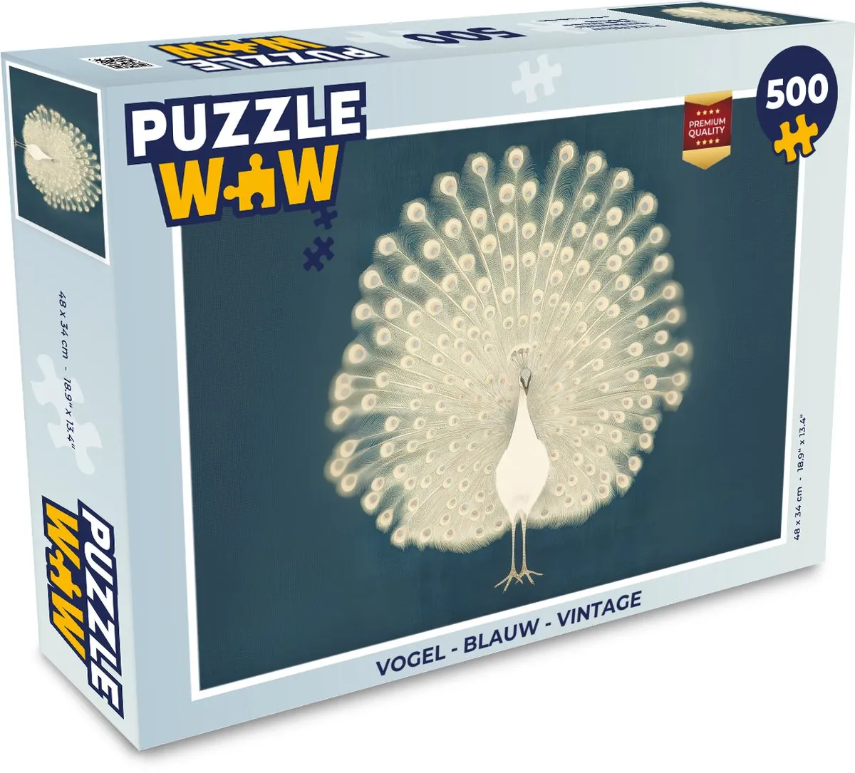 PuzzleWow Vintage Pauw Legpuzzel 500 Stuks - Blauw/Wit