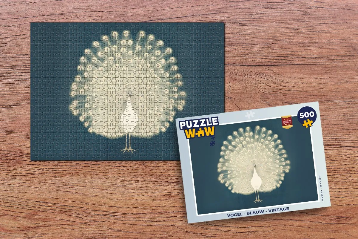 PuzzleWow Vintage Pauw Legpuzzel 500 Stuks - Blauw/Wit