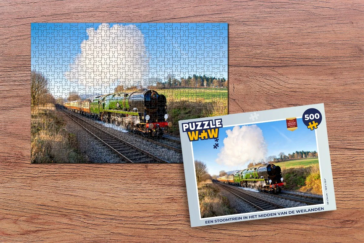 PuzzleWow Legpuzzel Een stoomtrein in het midden van de weilanden 500 Stuks - Multicolor