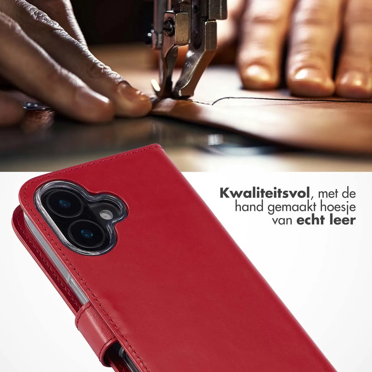 Selencia Hoesje iPhone 16 Echt Lederen Bookcase - 3 Pasjes - Rood