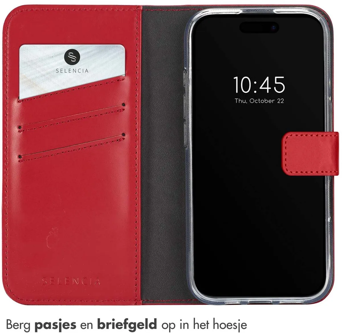 Selencia Hoesje iPhone 16 Echt Lederen Bookcase - 3 Pasjes - Rood