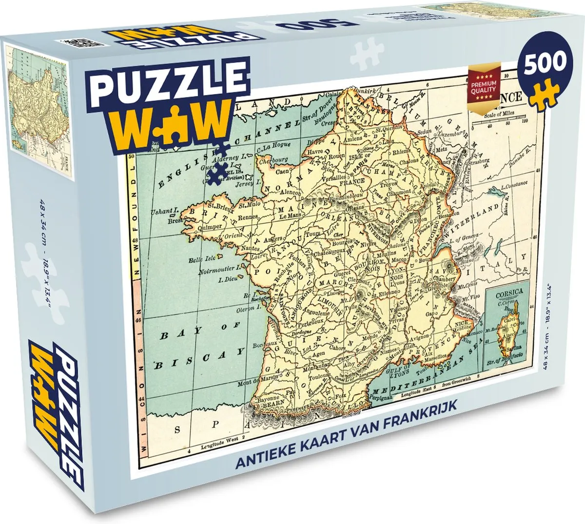 PuzzleWow Antieke Kaart van Frankrijk Legpuzzel 500 Stuks - Multicolor