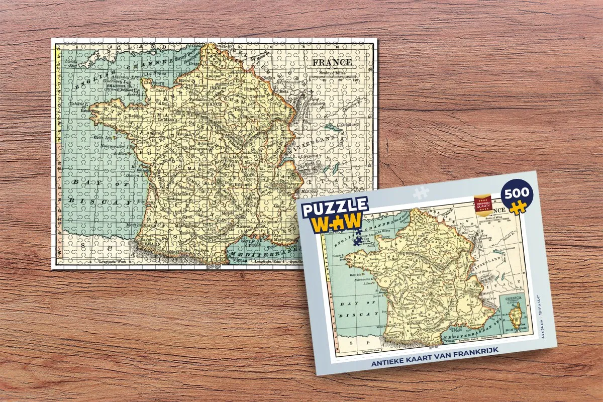 PuzzleWow Antieke Kaart van Frankrijk Legpuzzel 500 Stuks - Multicolor