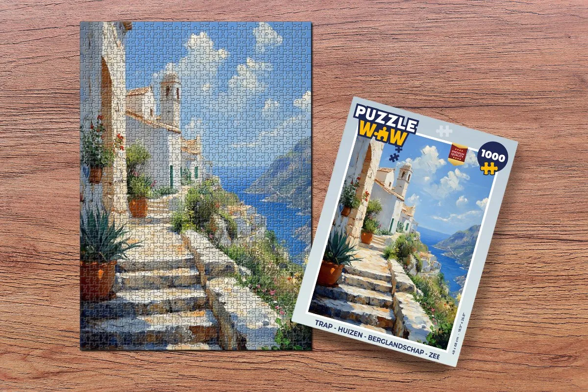 PuzzleWow Trap Huizen Berglandschap Zee Legpuzzel 1000 Stuks