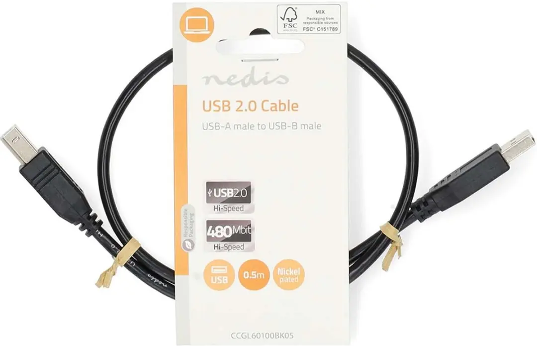 Nedis USB 2.0 A-B Kabel 10W 480Mbps 0,5m - Zwart - afbeelding 2 van 6