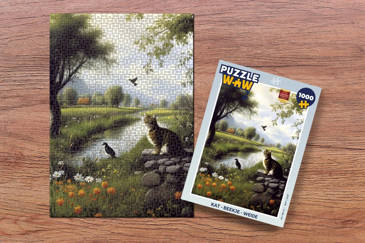 PuzzleWow Legpuzzel Kat - Beekje - Weide 1000 Stuks - Natuur
