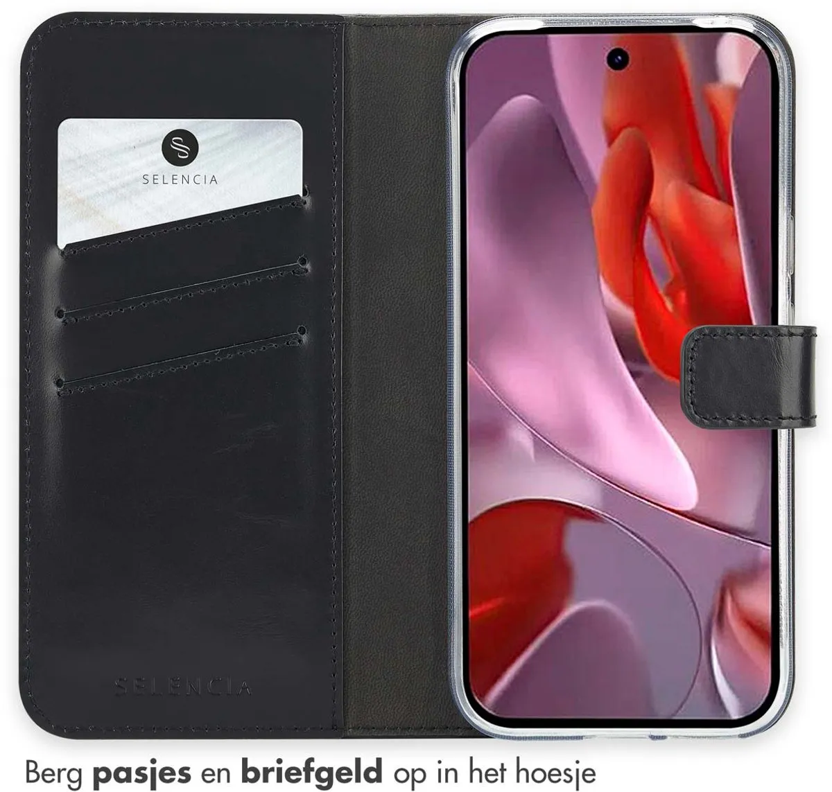 Selencia Hoesje Google Pixel 9a - Lederen Bookcase - 3 Pasjes - Zwart