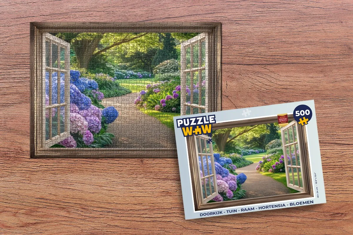 PuzzleWow Doorkijk Puzzel 500 Stuks - Hortensia Tuin