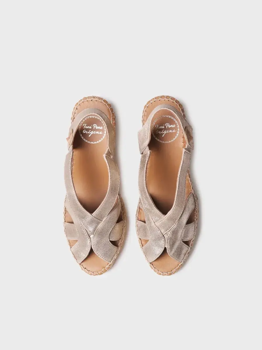 Metallic leren espadrille voor dames met sleehak en elastische bandjes