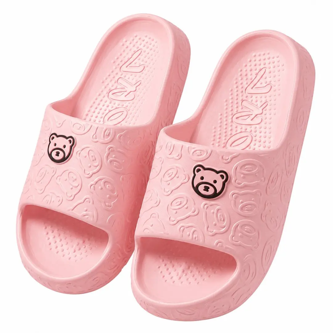 Roze badslippers dames EVA instap slippers berenprint antislip dik zool lichtgew