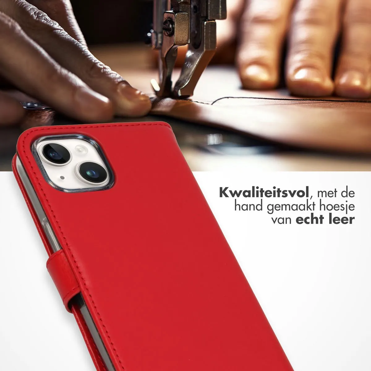 Selencia Hoesje iPhone 15 Echt Lederen Bookcase - Rood - 3 Pasjes