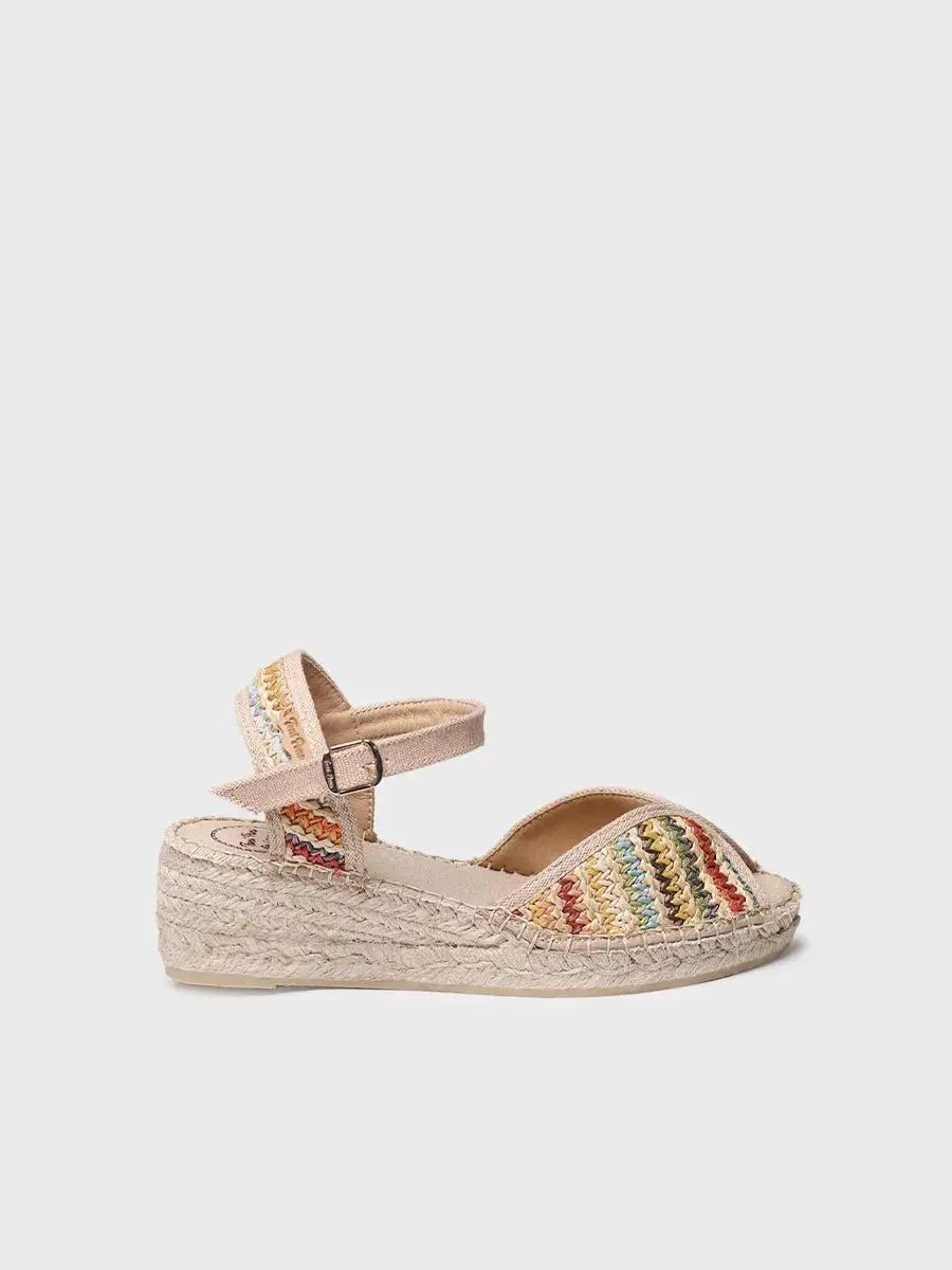 Dames espadrille met middelhoge sleehak van veelkleurige raffia