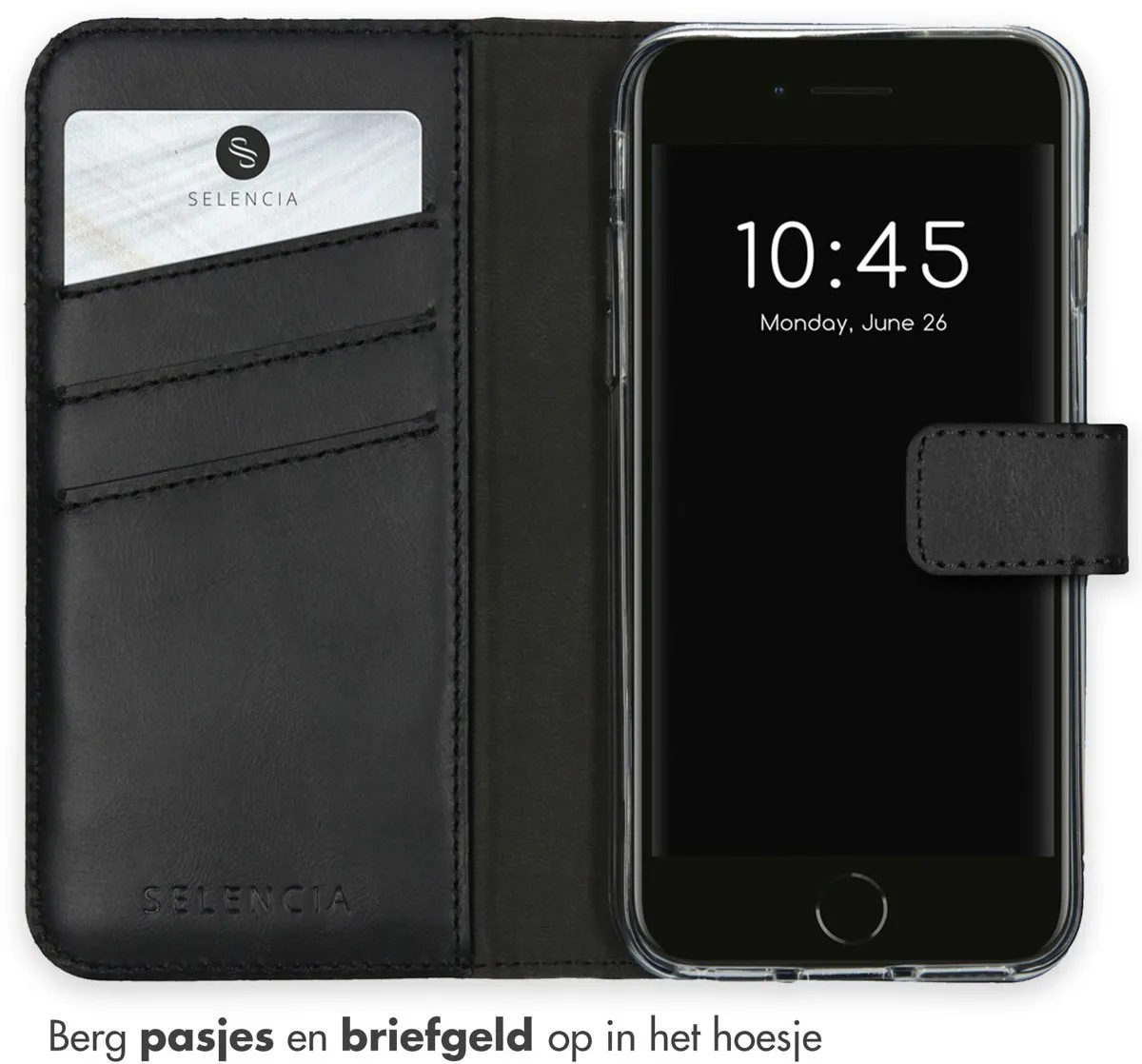 Selencia Hoesje iPhone SE/8/7/6s/6 - Echt Lederen Bookcase - Zwart