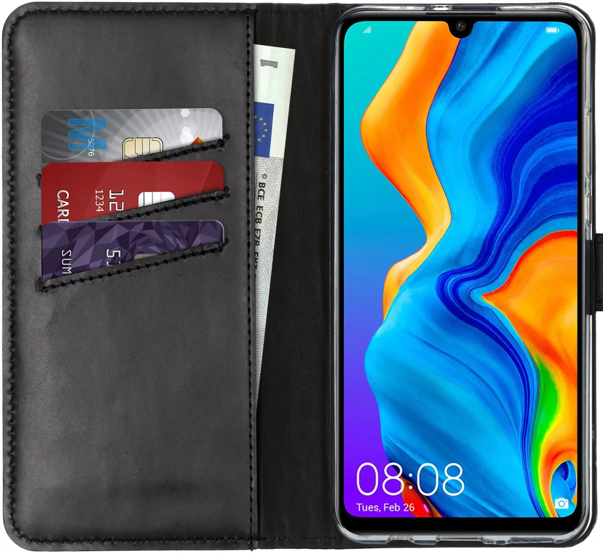 Selencia Hoesje Huawei P30 Lite - Echt Lederen Bookcase 3 Stuks - Zwart