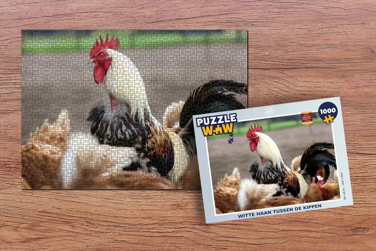 PuzzleWow Legpuzzel Witte haan tussen de kippen 1000 Stuks - Multicolor