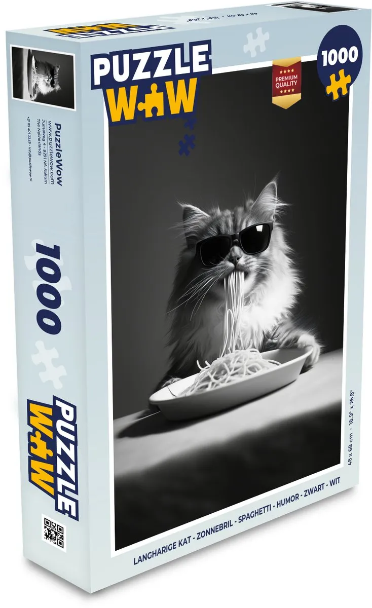 PuzzleWow Langharige Kat Zonnebril Spaghetti Puzzel 1000 Stuks - Zwart/Wit