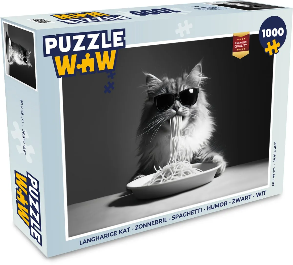 PuzzleWow Langharige Kat Zonnebril Spaghetti Puzzel 1000 Stuks - Zwart/Wit