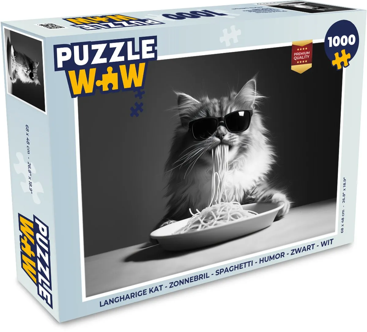 PuzzleWow Langharige Kat Zonnebril Spaghetti Puzzel 1000 Stuks - Zwart/Wit