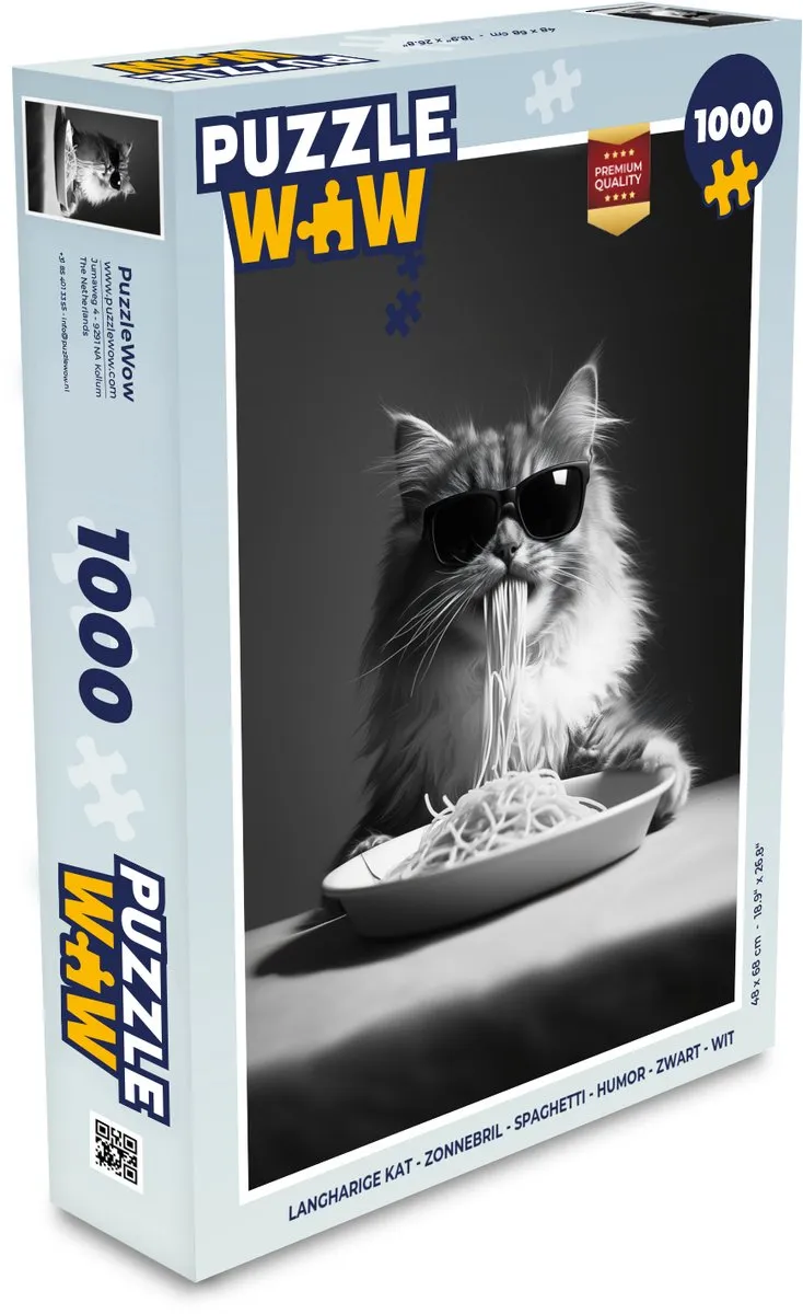 PuzzleWow Langharige Kat Zonnebril Spaghetti Puzzel 1000 Stuks - Zwart/Wit