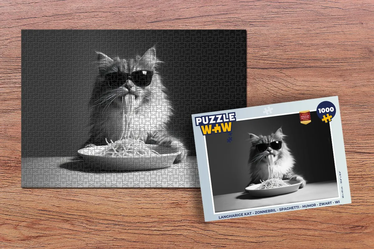 PuzzleWow Langharige Kat Zonnebril Spaghetti Puzzel 1000 Stuks - Zwart/Wit