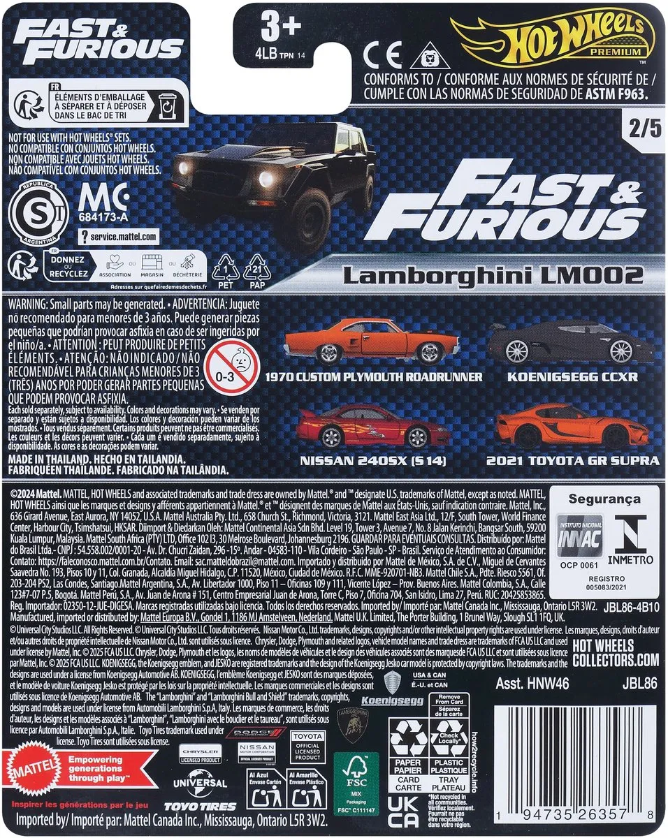 Hot Wheels Fast & Furious Lamborghini LM002 Auto - Zwart