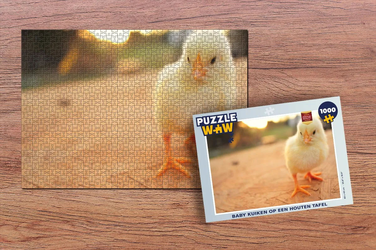 PuzzleWow Legpuzzel 1000 Stuks - Baby kuiken op houten tafel - Multicolor