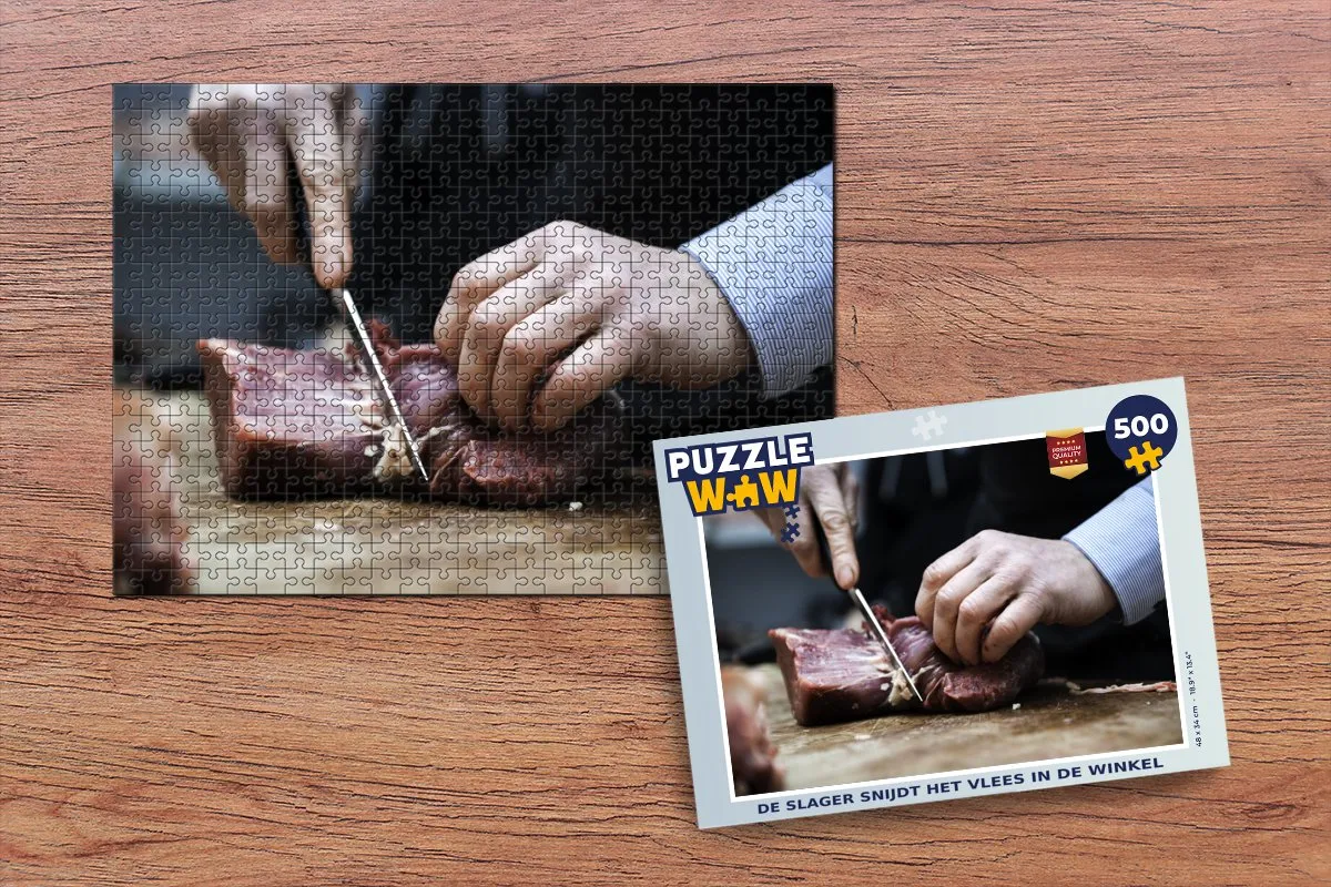PuzzleWow Legpuzzel De slager snijdt het vlees in de winkel 500 Stuks - Multicolor