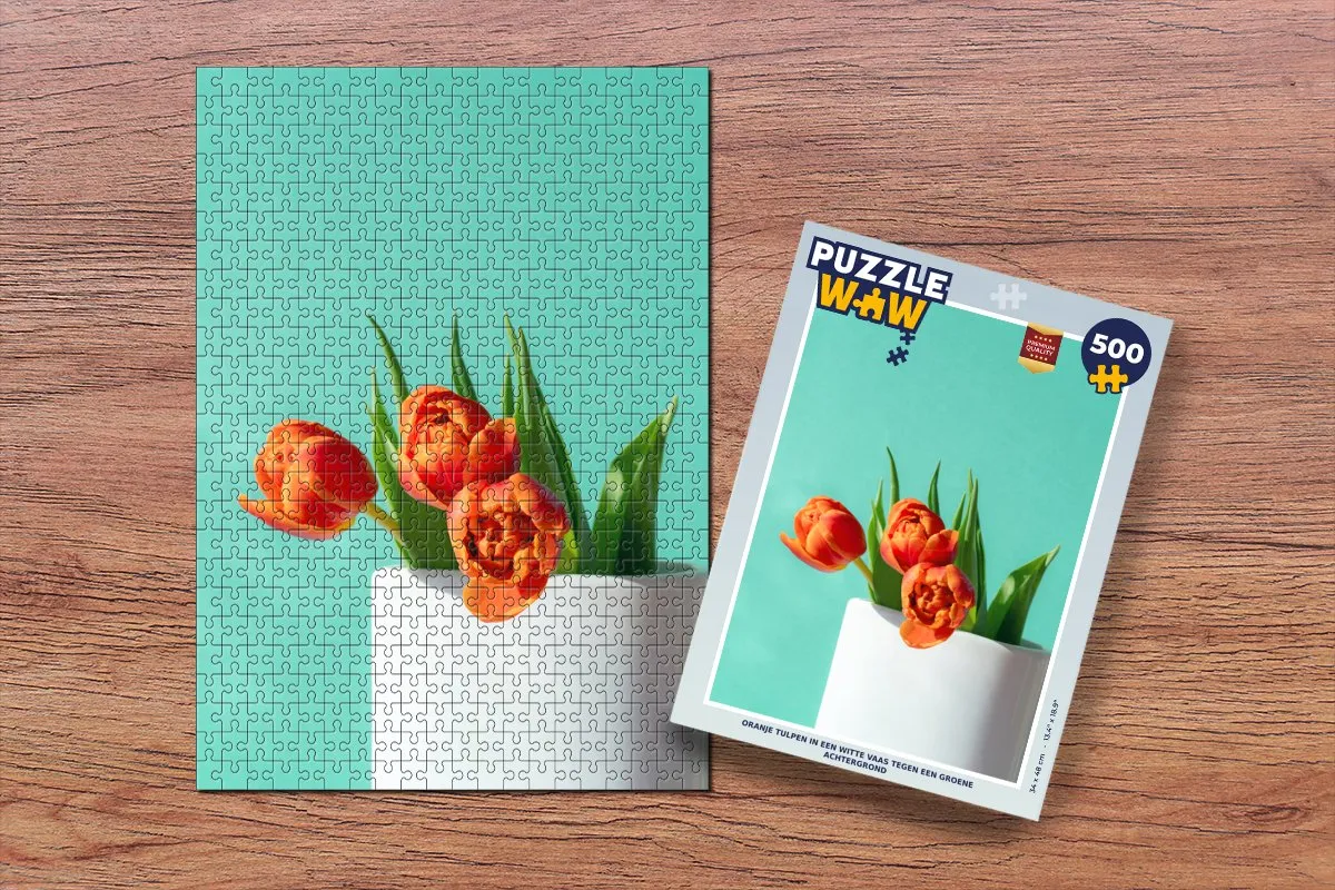 PuzzleWow Legpuzzel Oranje tulpen in witte vaas 500 Stuks - Multicolor